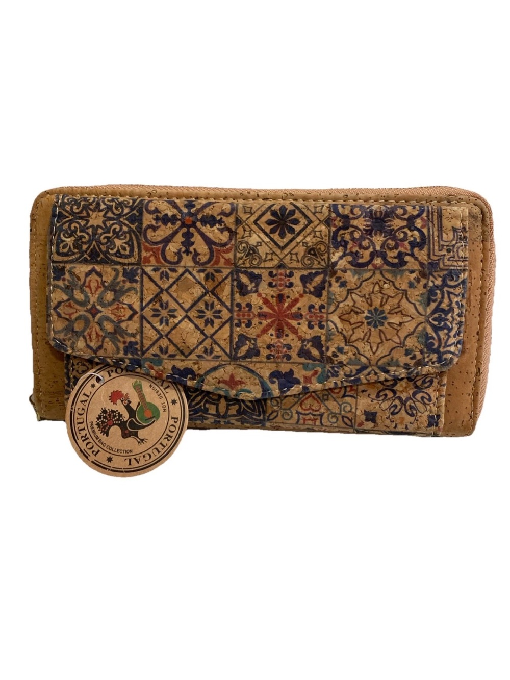 🆕 Portuguese Zip Around Tile Print Cork Wallet Clutch Trifold Snap Front Pocket